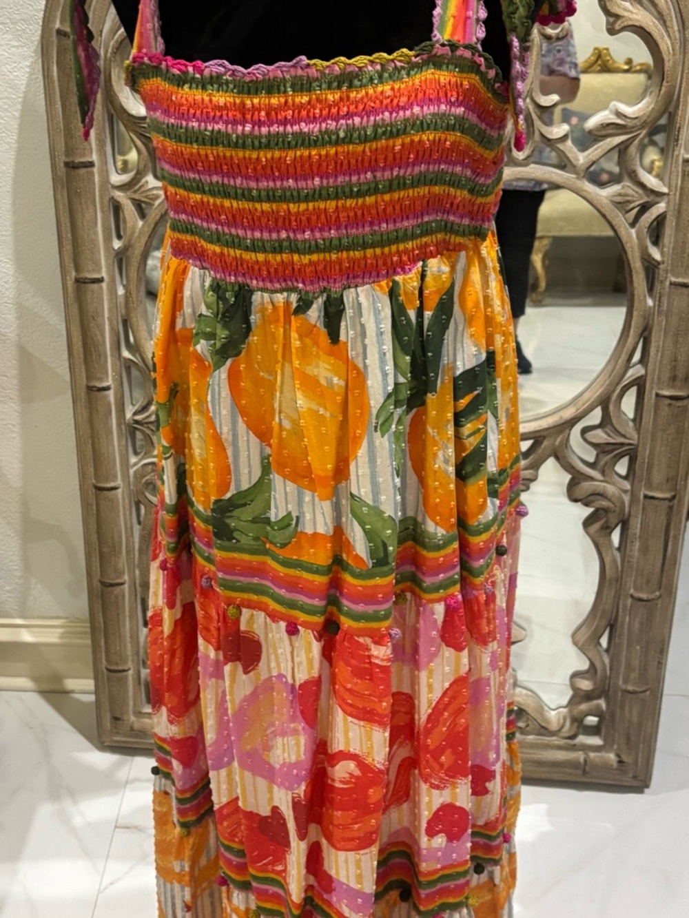 FARM Rio Multicolor Striped & Fruit Print Maxi Dress - Orange, Pink, Green